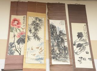 Four Oriental scrolls; watercolor of red flower 35" x 15", watercolor of chicks 39" x 12", watercolor of birds and bamboo trees 41" x 13", and waterco