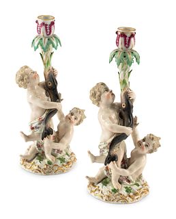 A Pair of Meissen Porcelain Figural Candlesticks
Height 12 inches.