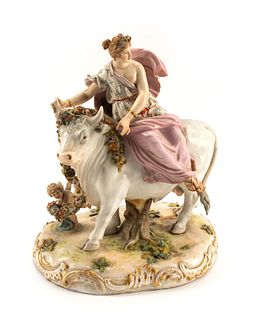 A Meissen Porcelain Figural Group of Europa and the Bull
Height 10 x width 8 x depth 6 inches.