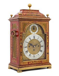 A George III Red and Gilt Lacquered Mantel Clock Height 23 1/4 inches.