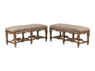 A Pair of Regence Style Leather Upholstered Silvered and Giltwood Benches
Height 19 x width 45 1/2 x depth 18 inches.