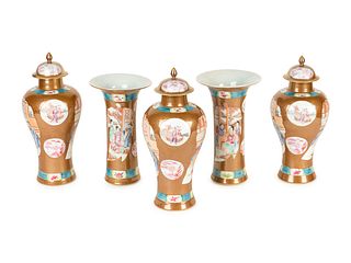 A Chinese Polychrome Enameled Porcelain Five-Piece Garniture
Height of lidded jars 12 x diameter 5 inches.