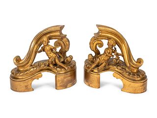 A Pair of Large Louis XV Style Gilt Bronze Figural Chenets
Height 19 x width 21 x depth 11 inches.