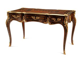 A Louis XV Style Gilt Bronze Mounted Marquetry Bureau Plat
Height 32 x width 56 x depth 30 inches.