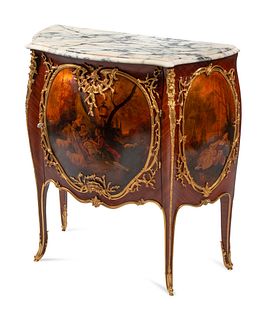 A Louis XV Style Gilt Bronze Mounted Vernis Martin Marble-Top Cabinet
Height 42 1/2 x width 39 x depth 18 inches.
