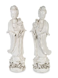A Pair of Large White Glazed Porcelain Figures of Guanyin