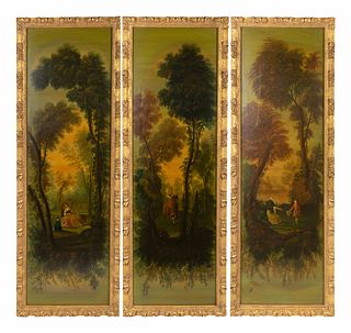 A Group of Three Decorative Paintings on Board
Height overall 73 1/2 x width 25 1/2 inches.