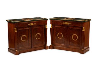 A Pair of Empire Style Gilt Bronze Mounted Cabinets with Specimen Marble Tops
Height 40 1/2 x width 49 x depth 20 inches.