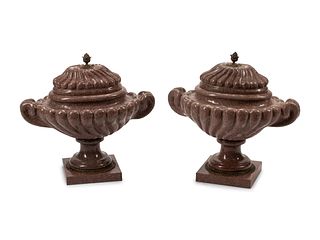 A Pair of Neoclassical Style Bronze Mounted Carved Hardstone Urns
Height 23 1/2 x width 24 x depth 13 inches.