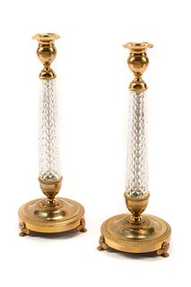 A Pair of Charles X Style Gilt Bronze and Cut Glass Candlesticks
Height 15 1/2 inches.