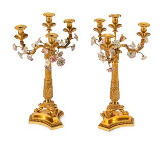 A Pair of Charles X Gilt Bronze and Porcelain Four-Light Candelabra
Height 24 inches.