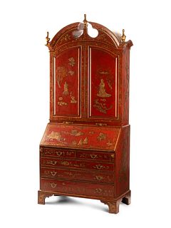 A George II Style Red Lacquered Chinoiserie Secretary Bookcase
Height 102 x width 45 x depth 23 inches.