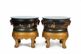 A Pair of English Lacquered and Chinoiserie Decorated Wine Cisterns on Giltwood Bases