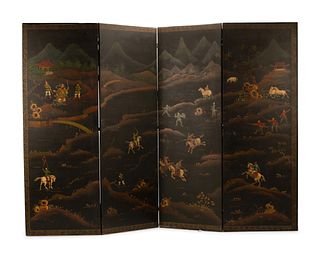 A Continental Chinoiserie Painted Four-Panel Floor Screen
Height 96 x width of each panel 34 inches.