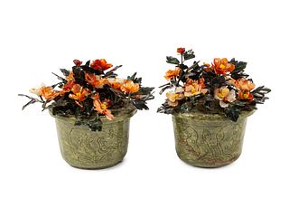 A Pair of Large Chinese Hardstone Models of Flowering Plants in Hardstone Bases
Height 15 x diameter 16 inches.
