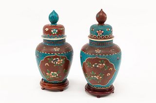 A Pair of Chinese Cloisonne over Porcelain Jars with Wood Bases
Height 17 x diameter 8 1/2 inches.