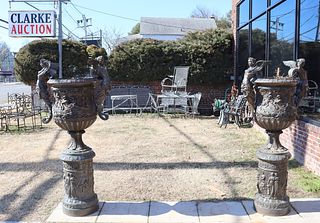 Large And Impressive Pair Of Bronze Carved Urns.