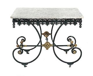 A French Iron and Marble Pastry Table Height 31 x width 39 x depth 23 inches.