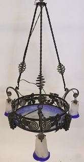 Art Deco Iron Chandelier With Art Glass Shades.