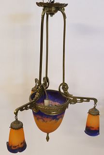 Art Deco Brass Mounted Art Glass Chandelier