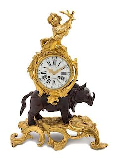 A Louis XV Style Gilt and Patinated Bronze Figural Mantel Clock Height 19 3/4 inches.