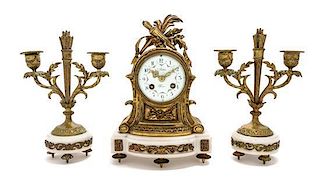 A Louis XVI Style Gilt Bronze and Marble Clock Garniture Height 11 1/2 inches.