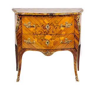 * A Louis XV Style Gilt Bronze Mounted Marquetry Commode Height 35 x width 78 3/4 x depth 17 inches.