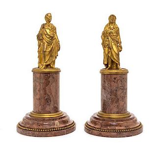 A Pair of French Gilt Bronze and Marble Ornaments Height 13 inches.