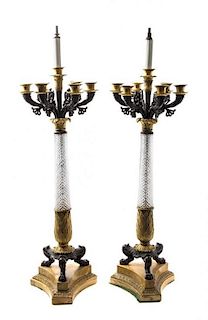 A Pair of Charles X Gilt and Patinated Bronze Seven-Light Candelabra Height 35 inches.
