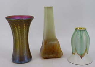 Nash, Quezal  And Unsigned Art Glass Vase &
