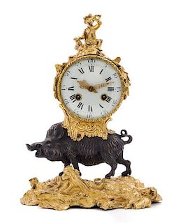 A French Gilt and Patinated Bronze and Shagreen Figural Mantel Clock Height 14 5/8 inches.