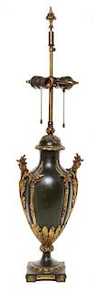 A French Cold Painted and Parcel Gilt Bronze Lamp Height overall 31 inches.