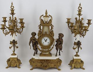 Vintage Bronze and Marble 3 Piece Clock Garniture