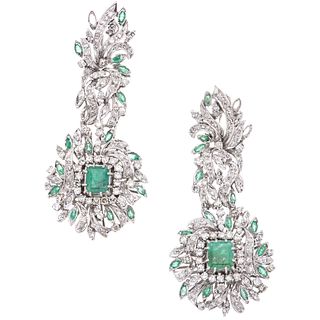 PAIR OF EARRINGS WITH EMERALDS AND DIAMONDS IN PALLADIUM SILVER with 32 Octagonal and marquise cut emeralds~5.20ct and 212 8x8 cut diamonds