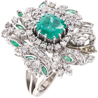 RING WITH EMERALDS AND DIAMONDS IN PALLADIUM SILVER with 9 Octagonal and marquise cut emeralds ~2.70ct and 65 8x8 cut diamonds ~1.20ct