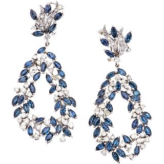 PAIR OF EARRINGS WITH SAPPHIRES AND DIAMONDS IN PALLADIUM SILVER with 69 marquise cut sapphires ~6.90 ct 79 8x8 cut diamonds ~2.0 ct