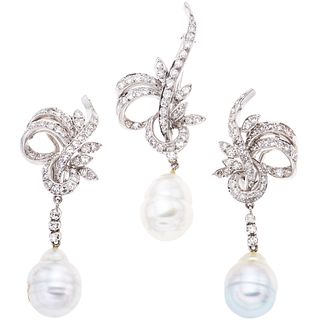 SET OF BROOCH AND PAIR OF EARRINGS WITH CULTIVATED PEARLS AND DIAMONDS IN PALLADIUM SILVER with 3 white and grey pearls, and 150 diamonds