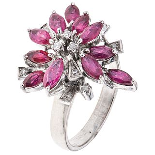 RING WITH RUBIES AND DIAMONDS IN PALLADIUM SILVER with 11 marquise cut rubies ~1.10 ct and 10 8x8 cut diamonds ~0.10 ct. Size: 6 ¾