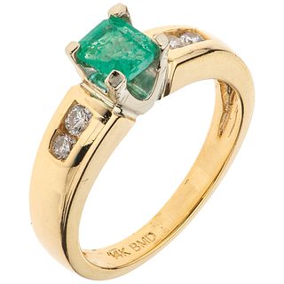 RING WITH EMERALD AND DIAMONDS IN 14K YELLOW GOLD 1 octagonal cut emerald~0.55 ct and 4 brilliant cut diamonds ~0.16ct