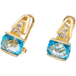 PAIR OF EARRINGS WITH TOPAZ AND DIAMONDS IN 14K YELLOW GOLD with 2 cushion cut topazes ~2.20 ct and 7 8x8 and brilliant cut diamonds