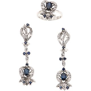 SET OF RING AND PAIR OF EARRINGS WITH SAPPHIRES AND DIAMONDS IN PALLADIUM SILVER with 19 sapphires, different cuts and 27 8x8 cut diamonds