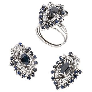 SET OF RING AND PAIR OF EARRINGS WITH SAPPHIRES AND DIAMONDS IN PALLADIUM SILVER with 48 sapphires ~5.50 ct and 30 8x8 cut diamonds ~0.40 ct