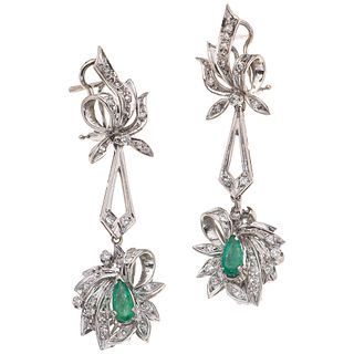 PAIR OF EARRINGS WITH EMERALDS AND DIAMONDS IN PALLADIUM SILVER with 2 pear cut emeralds ~0.70 ct and 43 8x8 cut diamonds ~0.43 ct