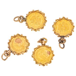 FOUR PENDANTS WITH DEMONETIZED COINS IN 10K, 14K AND 21.6K YELLOW GOLD, with 4 national gold coins of two pesos
