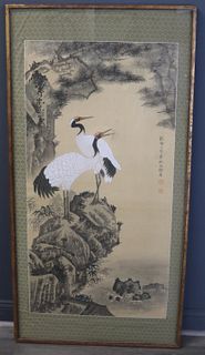 Asian Scroll Painting of Cranes.