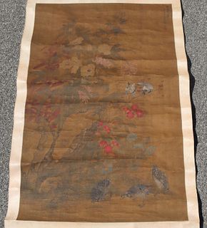 Signed Scroll Painting of Birds and Flowers.