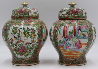 Pair of Chinese Export Lidded Urns.