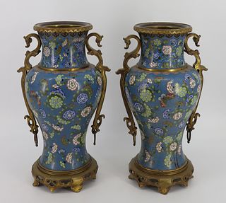 Pair of Chinese Bronze Mounted Cloisonne Urns.