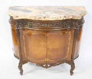 Antique Louis XV Style Inlaid Marbletop Cabinet.