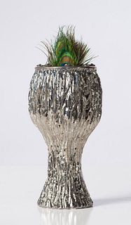 Ken Shores  Silver Ceramic Chalice Form with Peacock Feathered Frog